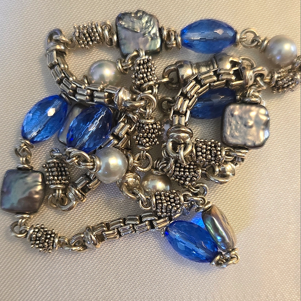 Michael Dawkins Necklace 49 Grams 925 Ss Faceted Blue Gems Cultured Pearls 400$